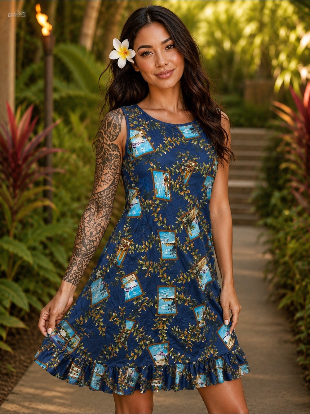 Vintage 90s Made in Hawaii Babydoll Cotton Dress Small Blue Tropical Sleeveless